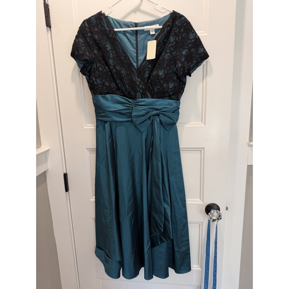 Coldwater Creek Dress 10 Teal Black Lace Bodice Bow Waist V-Neck NWT
